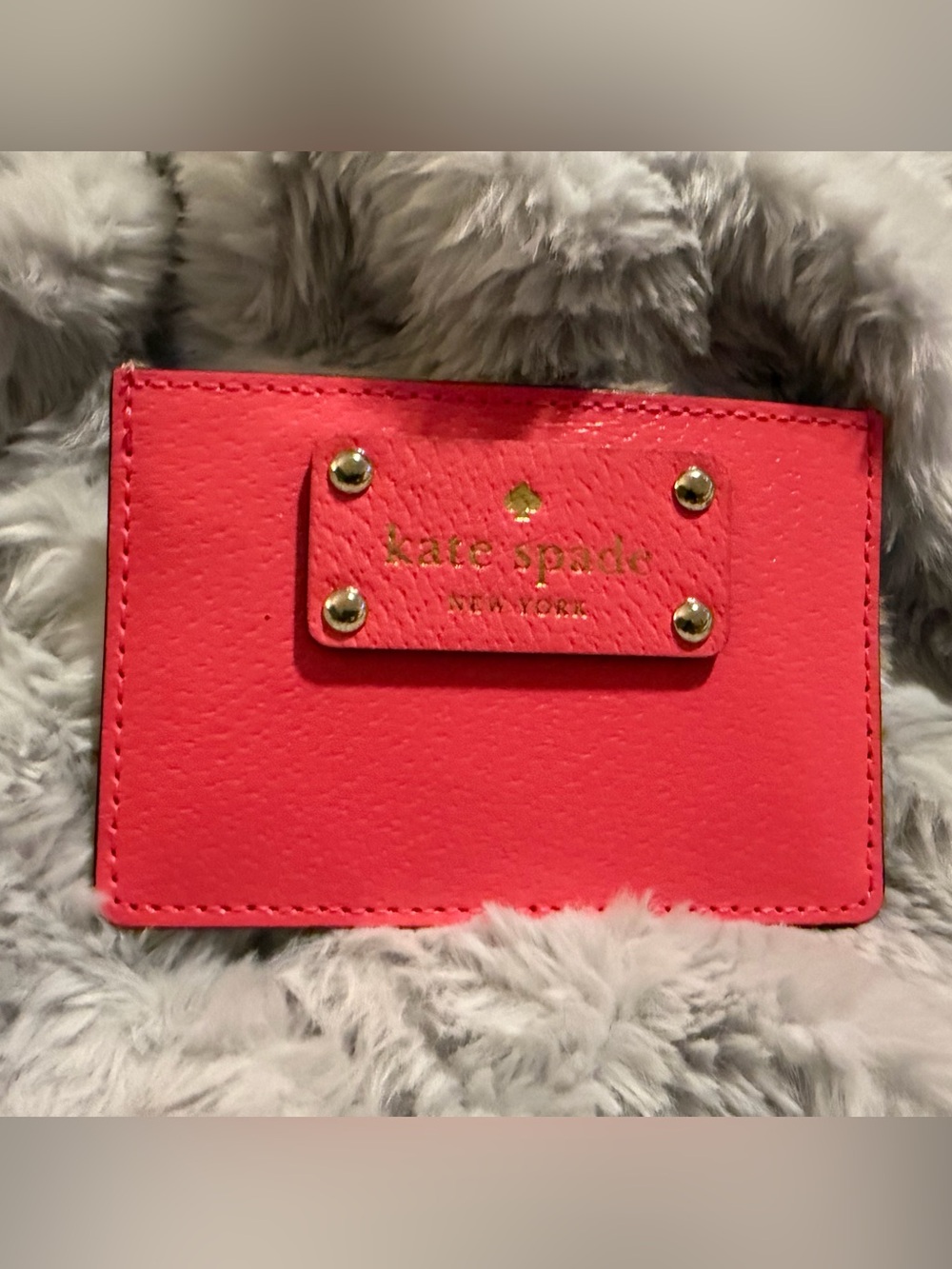 kate spade Coral Pink Leather Card Holder with Gold Accents